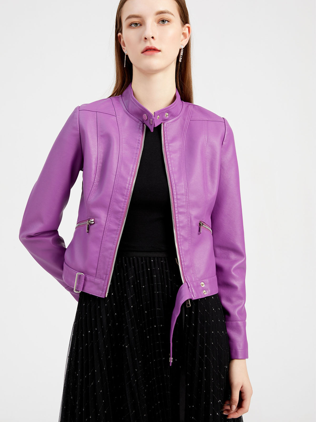 Crop Coat Long Sleeve PU Leather Motorcycle Jacket