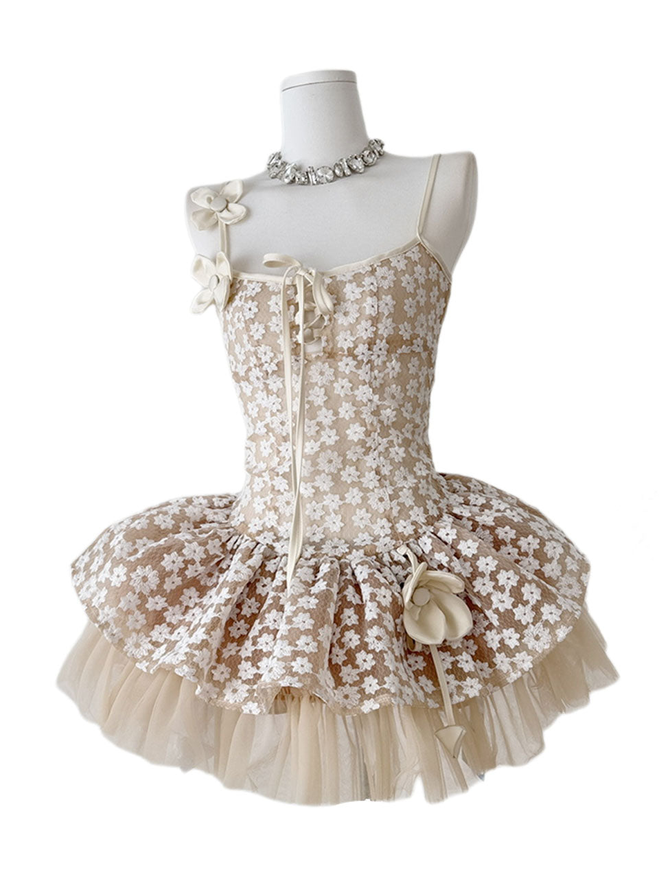 Balletcore Apricot Flower Lace Corset Mini Dress