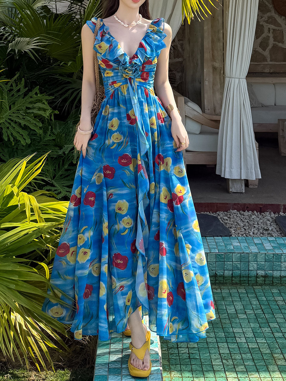 2PS Blue Floral Print V-Neck Ruffles Maxi Dress