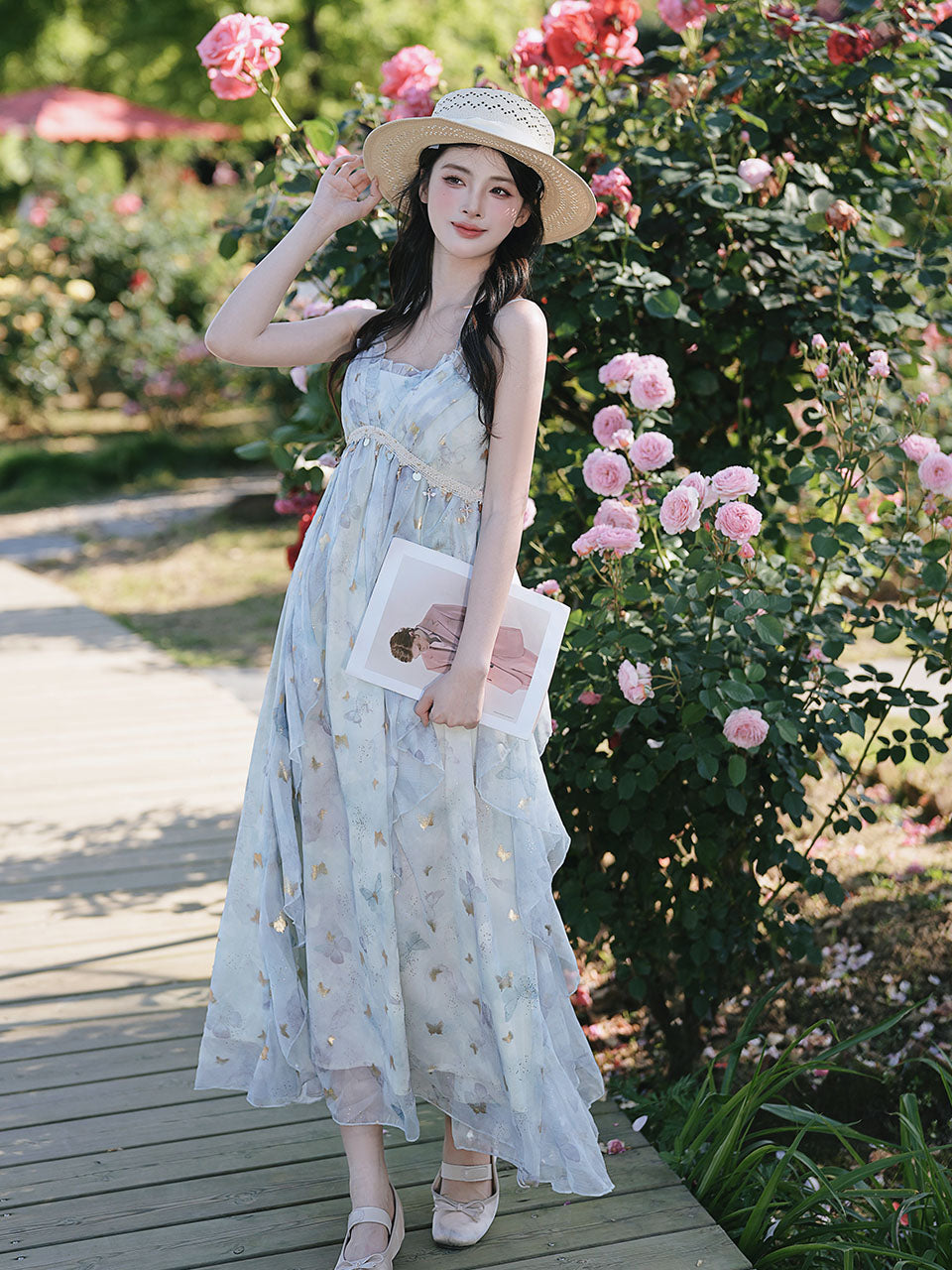 Fairycore Butterfly Maxi Dress Glitter Ruffle Halter Prom Gown