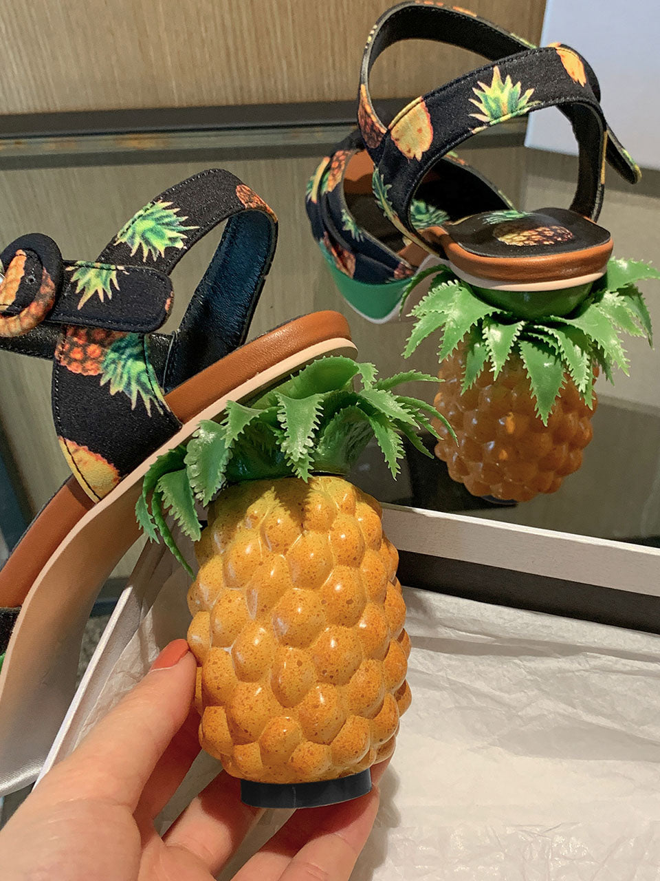 Fruit Heel Pineapple Print Platform Bow Vintage Sandals