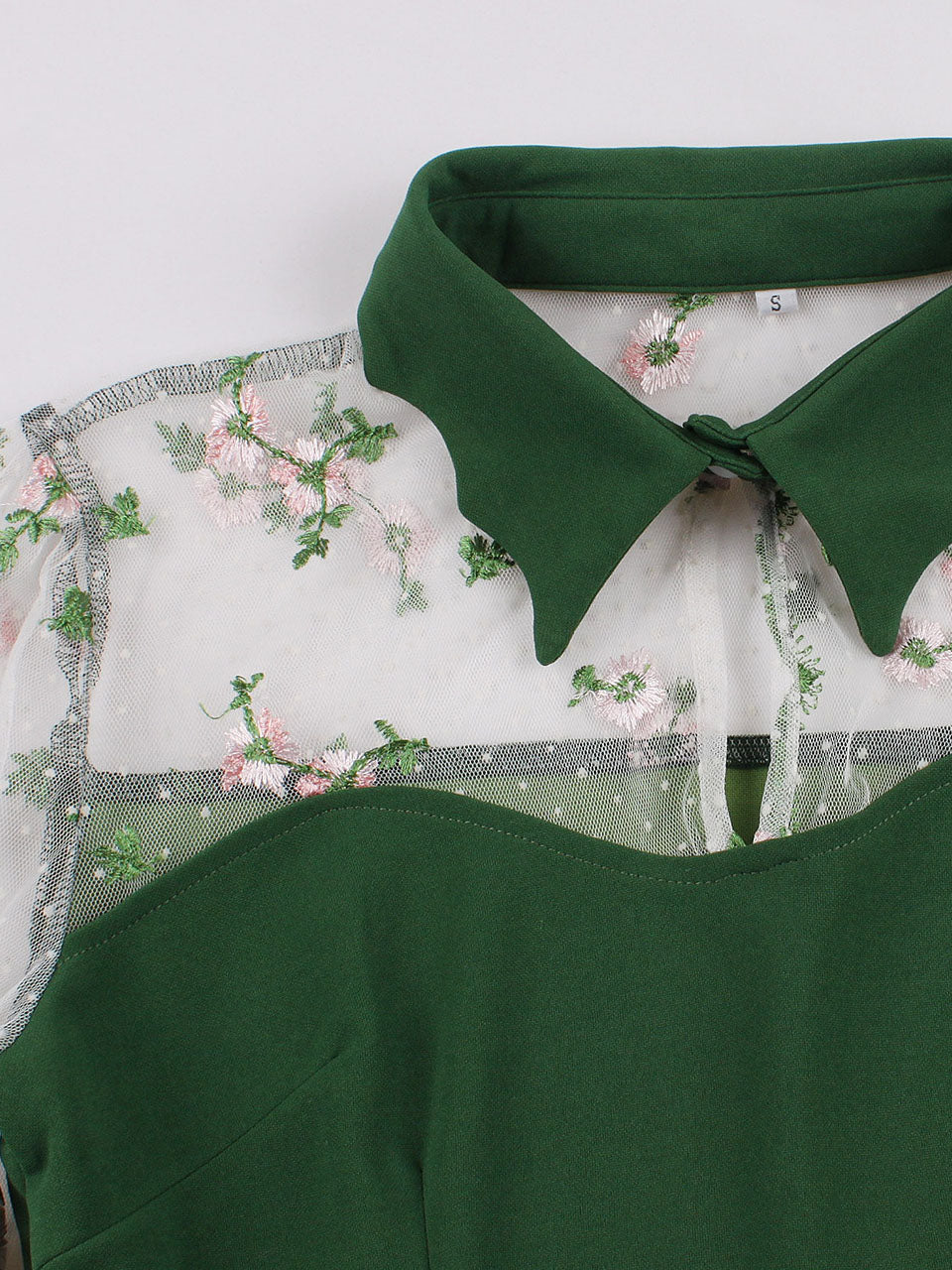 Dark Green Turn Down Flower Embroidered Semi-Sheer 1950S Vintage Dress
