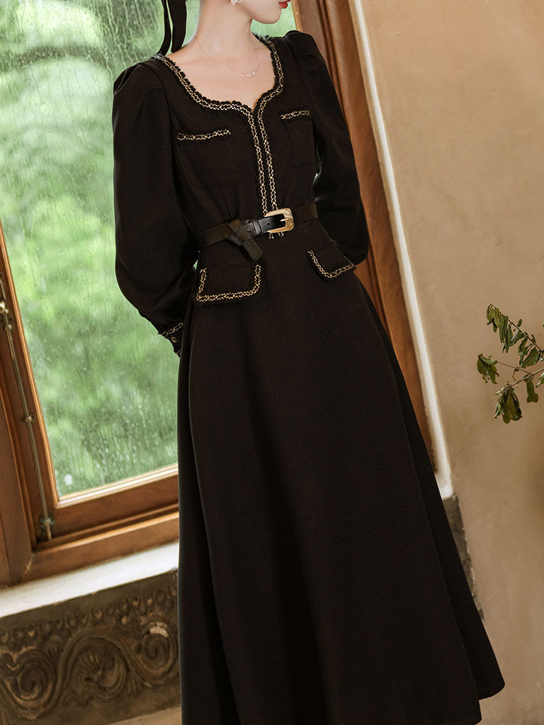 Black Ballet Square Collar 1950S Vintage Little Black Dress