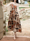 2PS Brown Spaghetti Strap Tropical Pattern Holiday  Dress