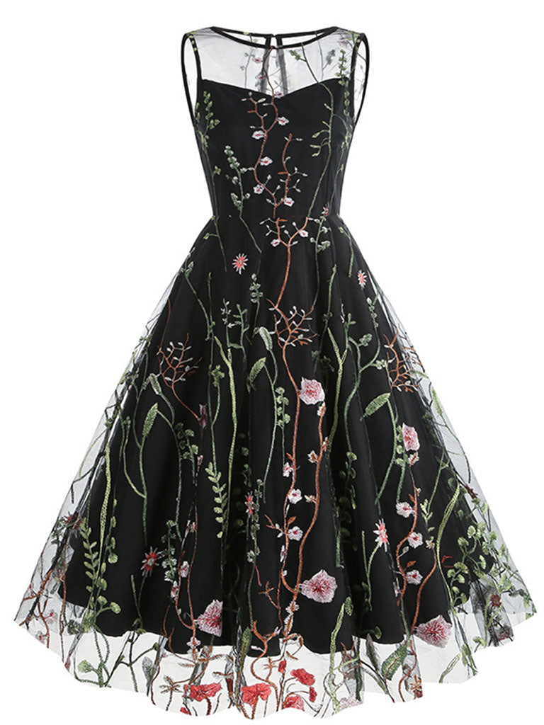 Wine Red Semi Mesh Flower Embroidered Sleeveless 50S Swing Dress