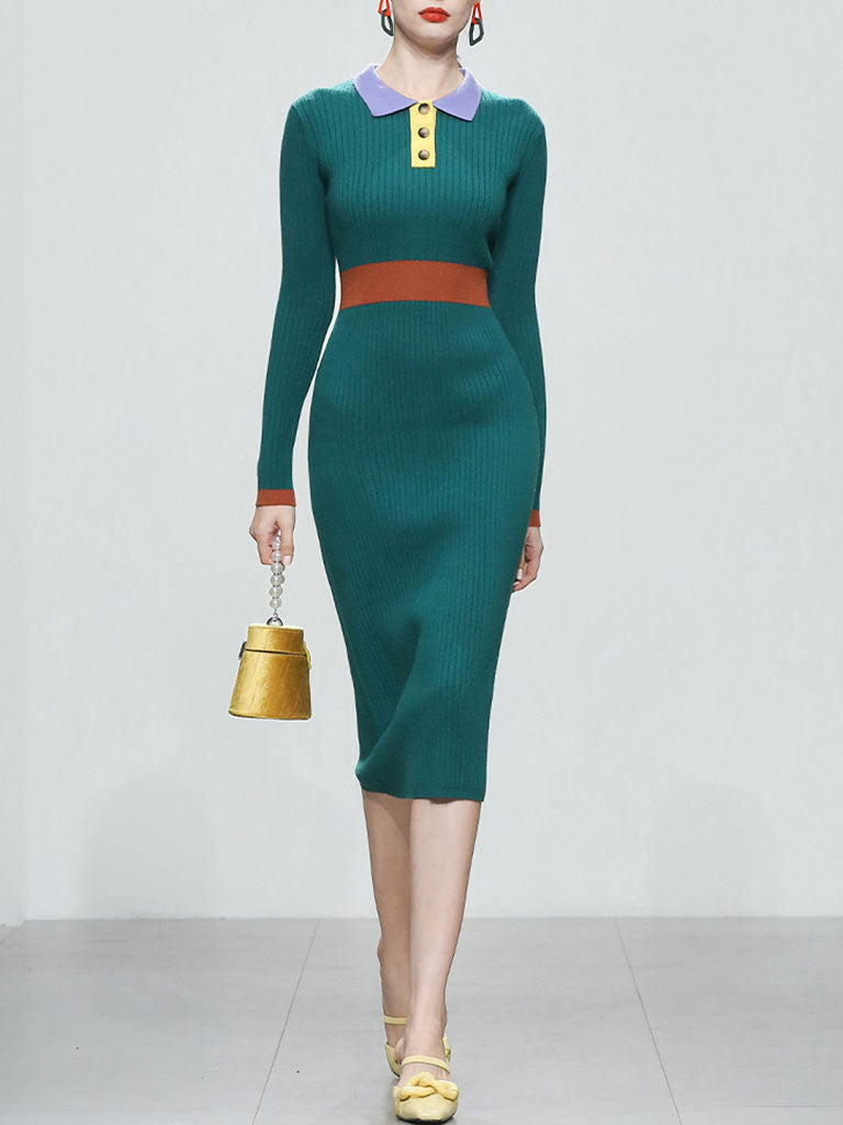 1940S Green High Waist Knitted Sweater Long Sleeve Vinatge Dress
