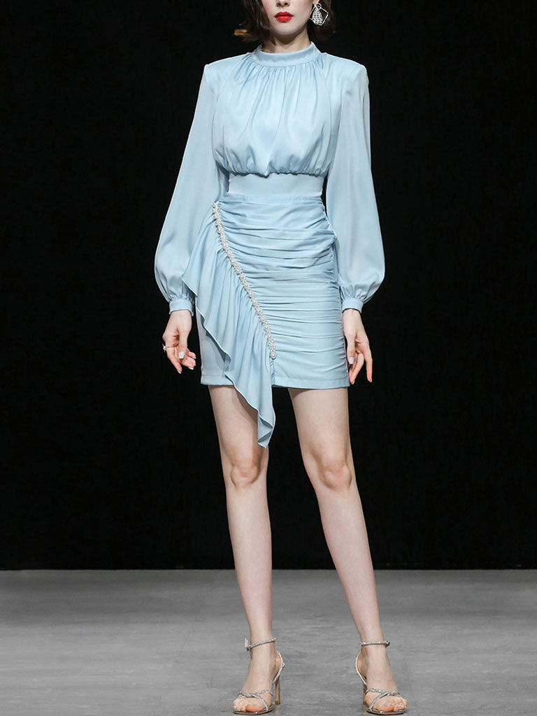 Blue Lantern Long Sleeve Crinkled Bodycon Satin Party Dress