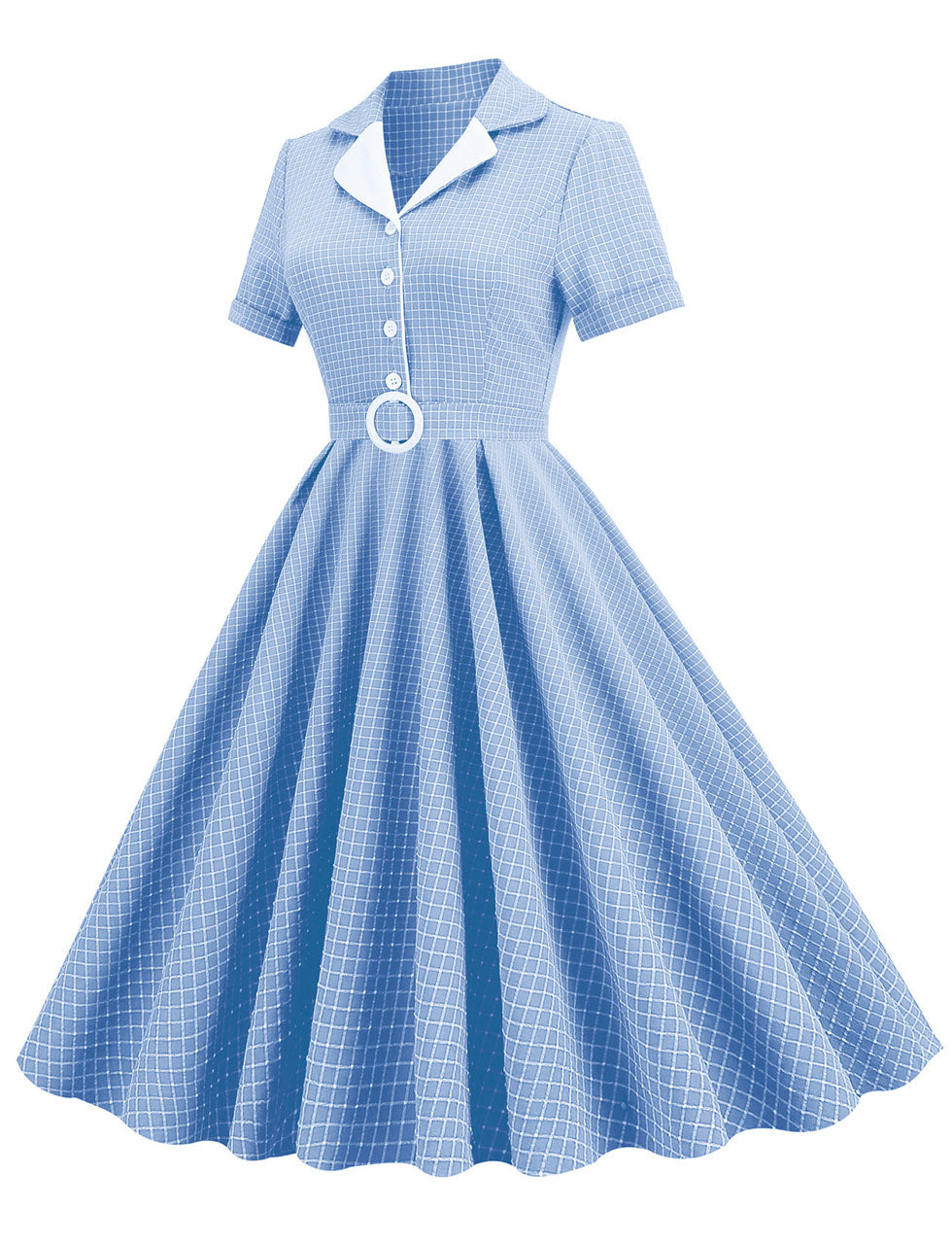 Green Plaid Turn Down Collar Short Sleeves 1950S Vintage Shirt Dress