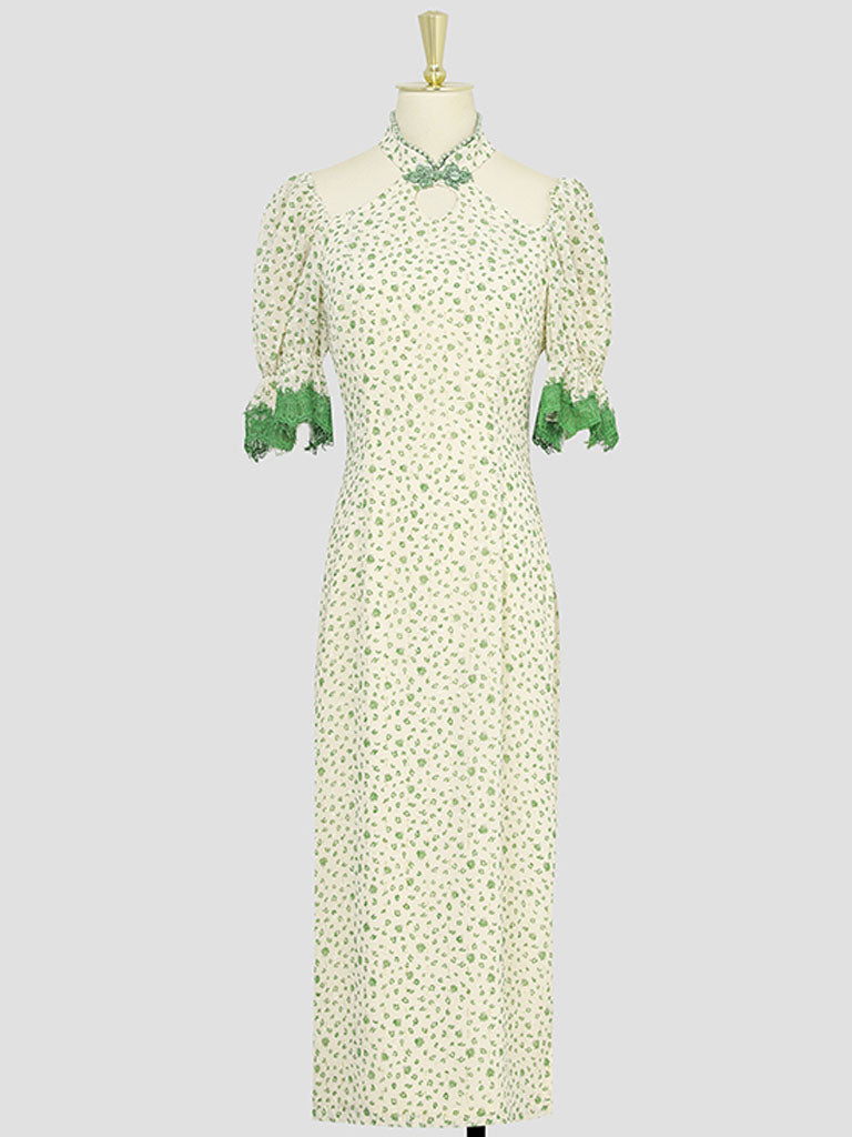 Hollow Fresh Floral Vintage Style Slit Cheongsam Dress