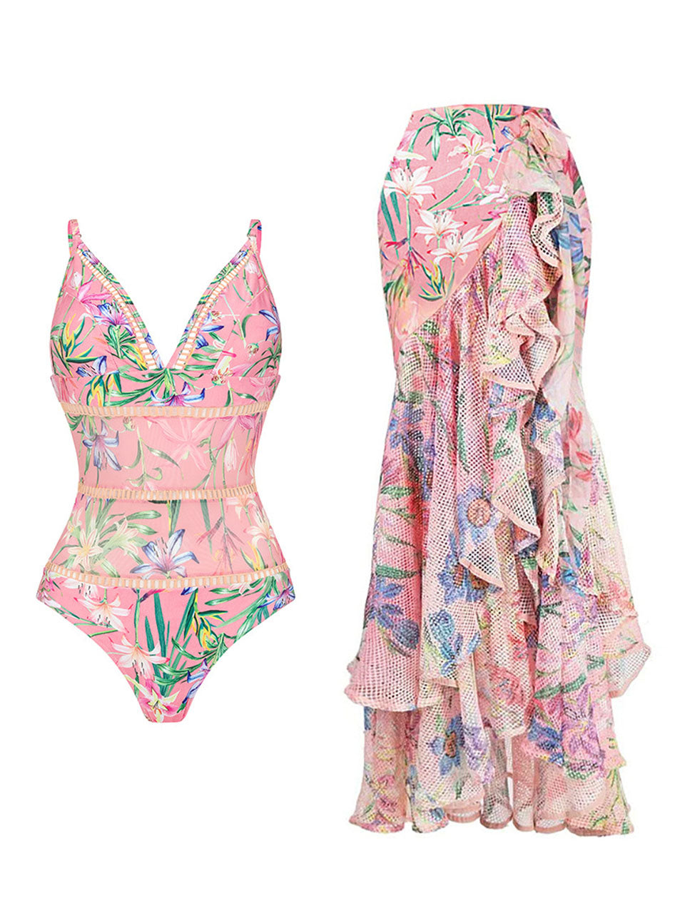 Pink Lace Flowers One-piece Swimsuit