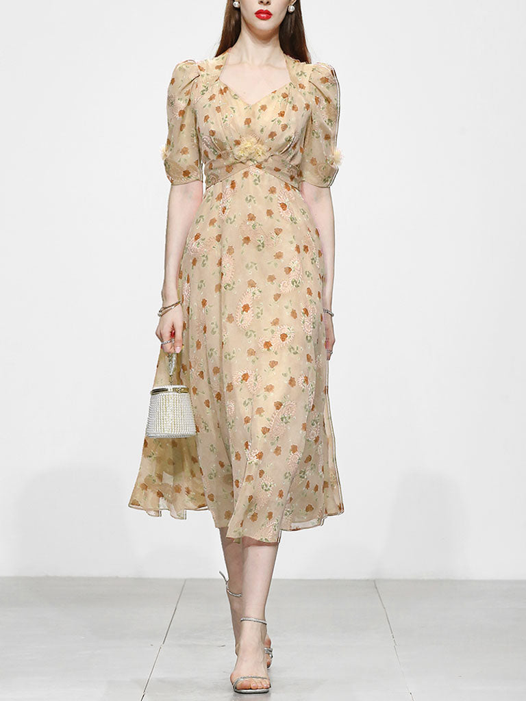 Pink Rose Floral Chiffon Vintage Style 1950S Dress