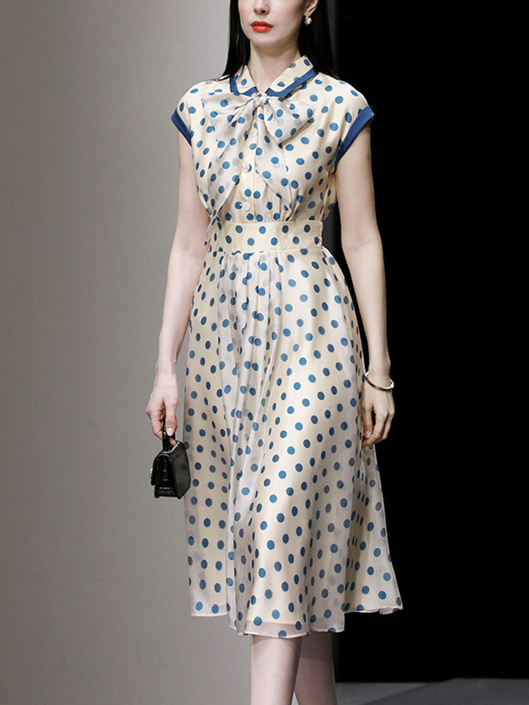 Blue Polka Dots Bow Collar 1950S Vintage Dress