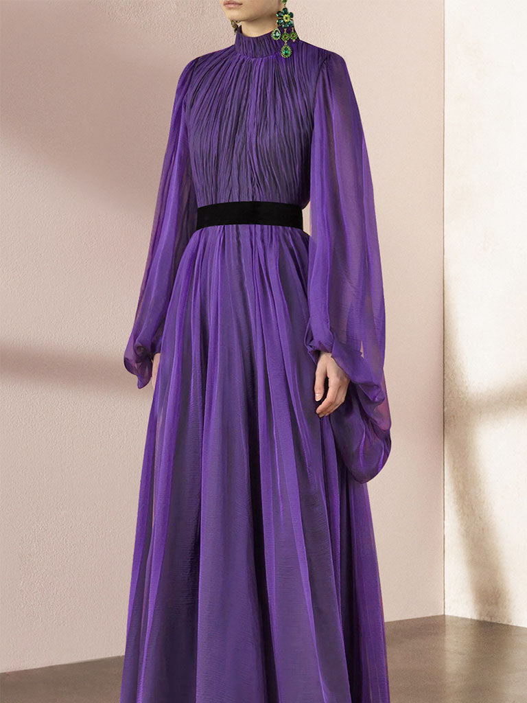 Purple Lantern Long Sleeve Romantic Chiffon Dress