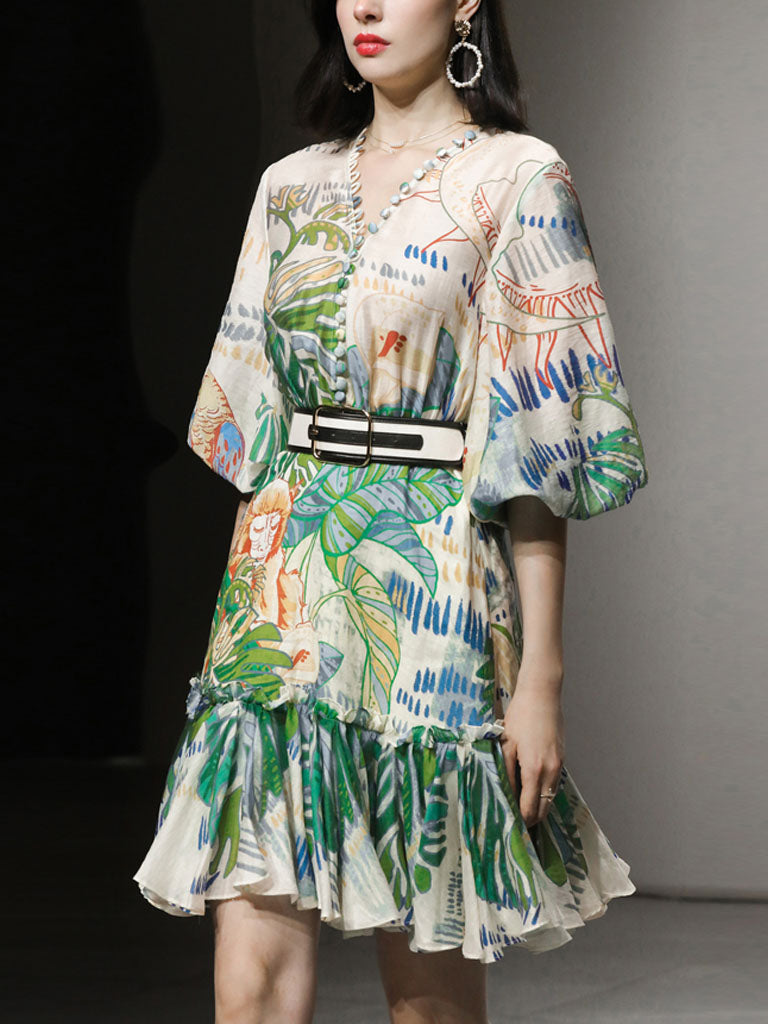 Green Retro Lantern Sleeves Printed Mini Dress