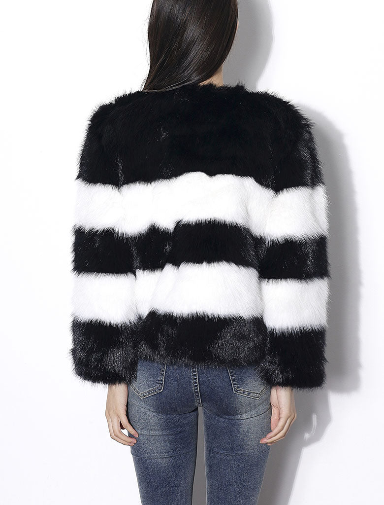 Black and White Stripes Faux Fur Long Sleeve Coat Winter Coat