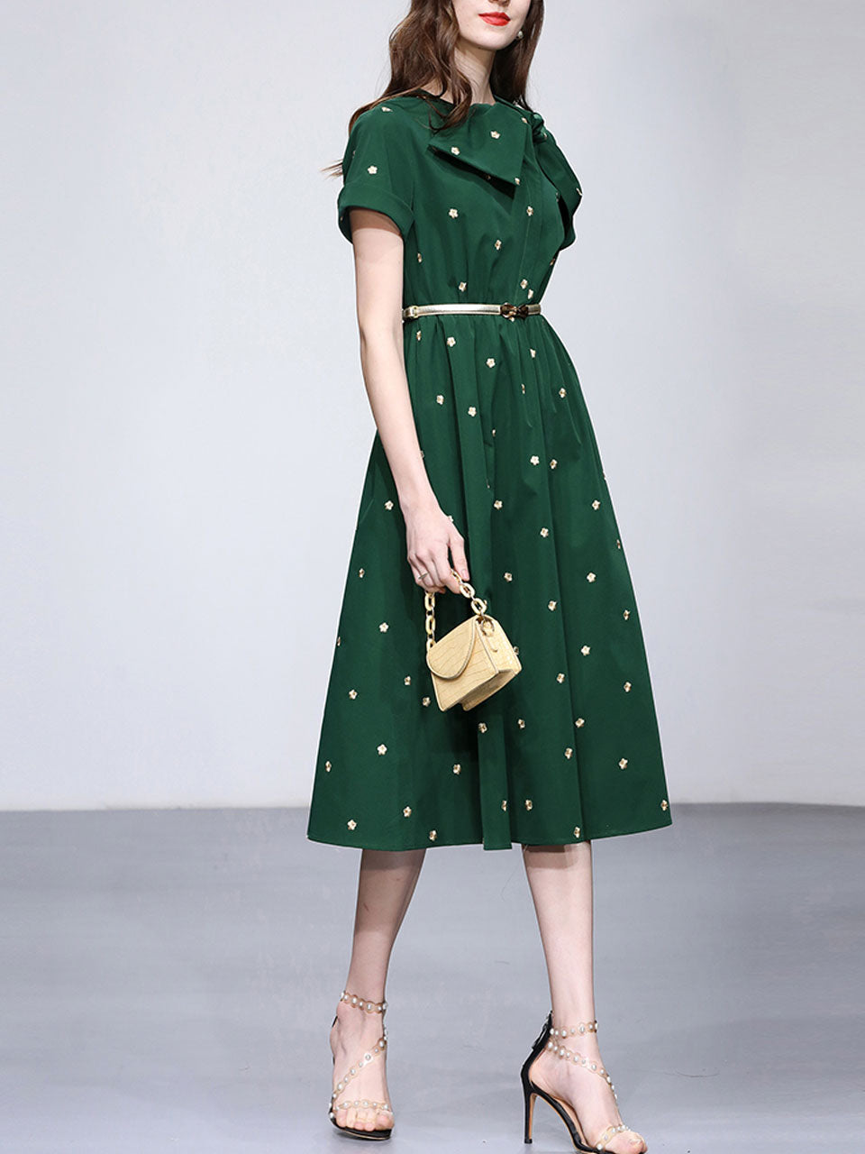 Dark Green Bow Collar Embroidered Flower 1950S Vintage Dress