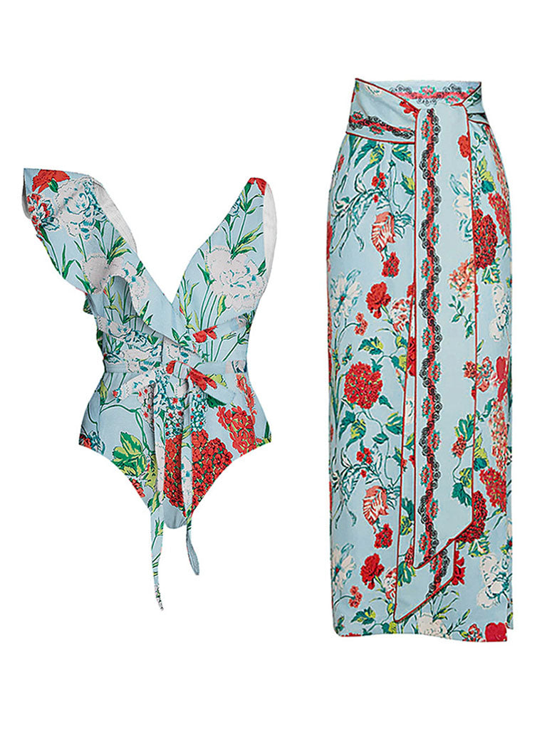 Green Retro Floral Print One Piece