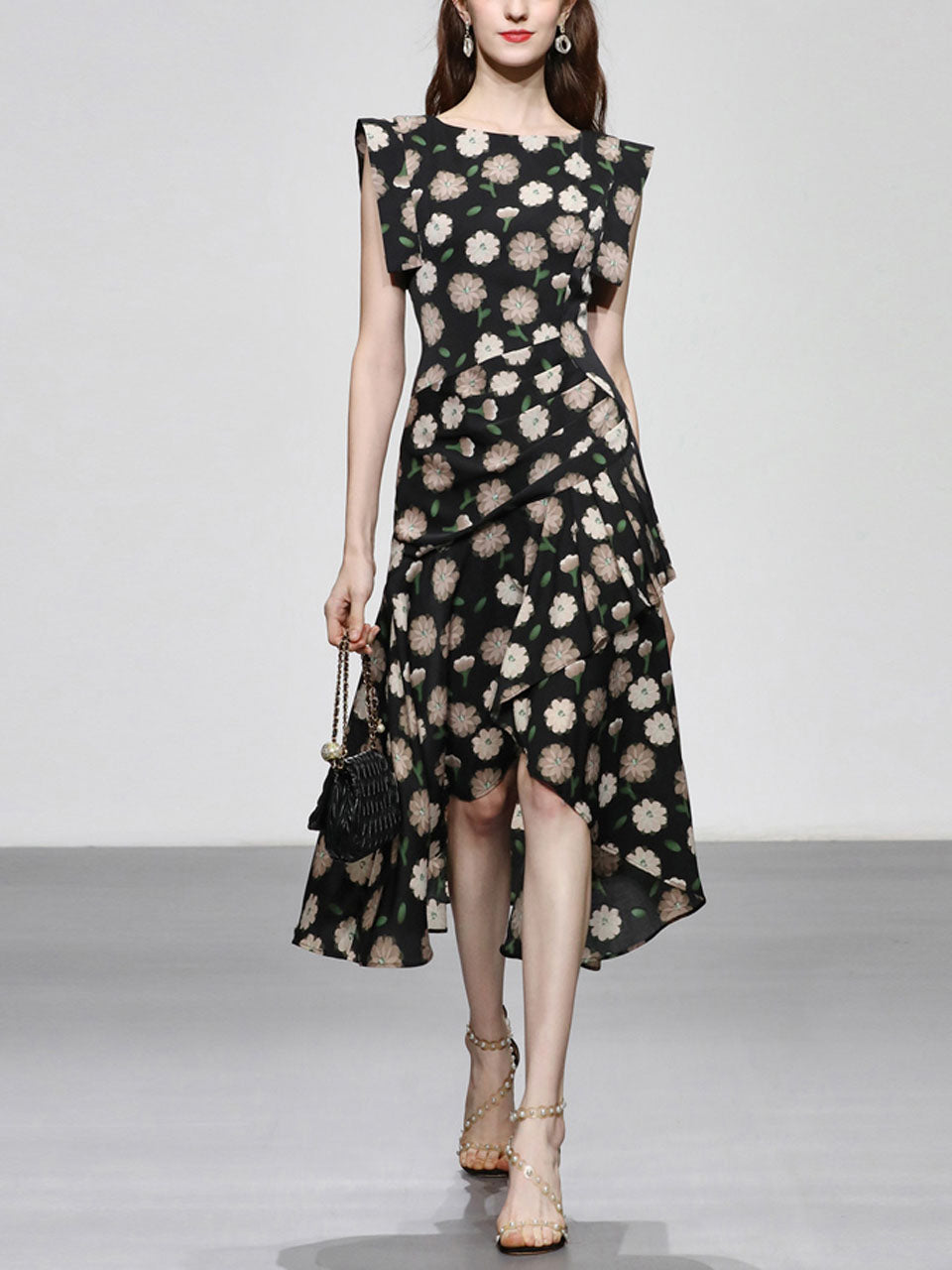 Black Floral Print Short Front Long Back Design Butterfly Sleeve 1940S Vintage Dress