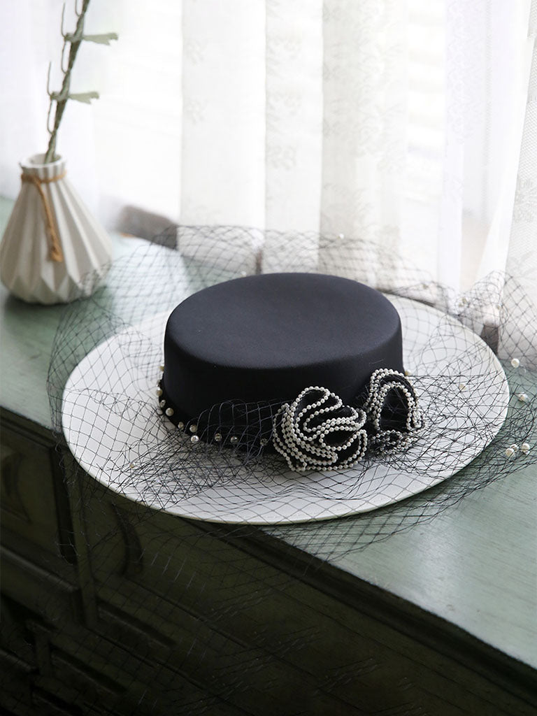 Vintage Flower Mesh Black and White Hepburn Hat Boater Hat