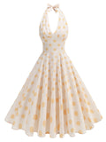 White and Yellow Polka Dots Halter Backless 1950S Vintage Swing Dress