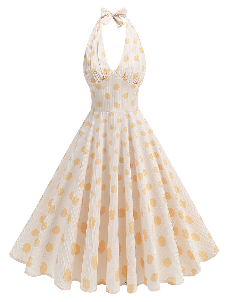 White and Yellow Polka Dots Halter Backless 1950S Vintage Swing Dress