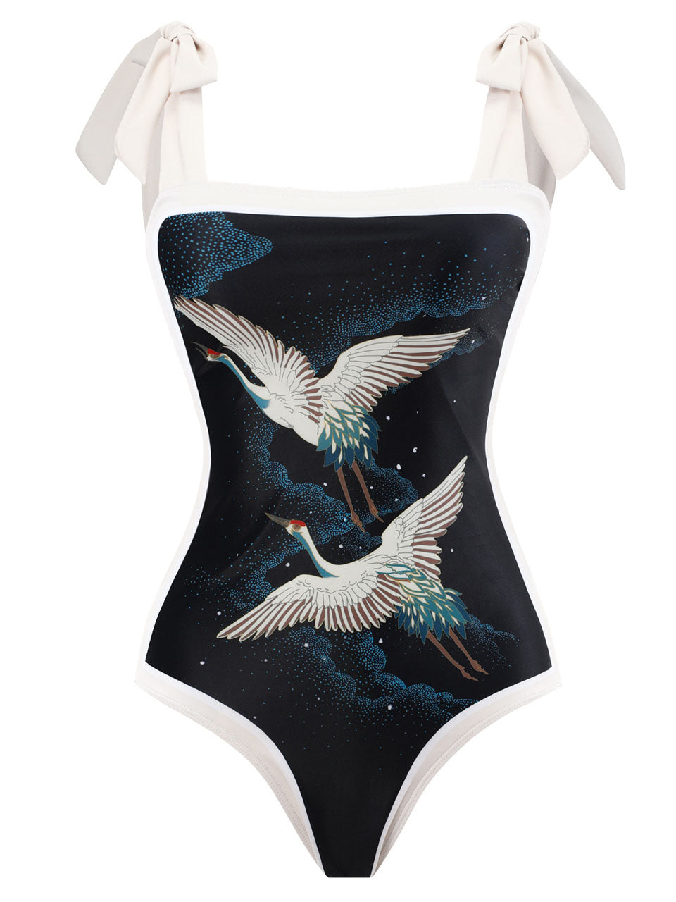 Black Crane Print Flower Strap One Piece