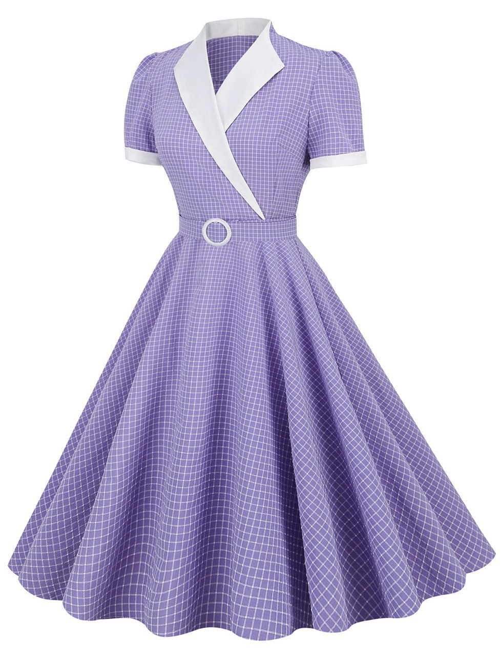 Purple Plaid V Neck Short Sleeve Swing Vintage 1950S Dress