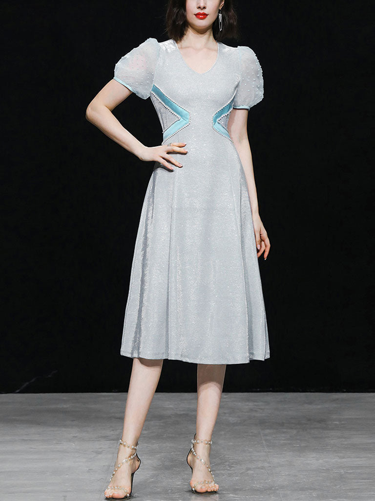 Baby Blue Sweet Heart Collar Puff Sleeve Pearl 50S Vintage Swing Dress