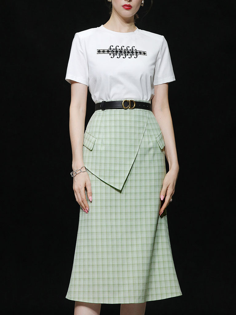2PS White 1950S Vintage Classic Tshirt And Green Plaid Mermaid Skirt