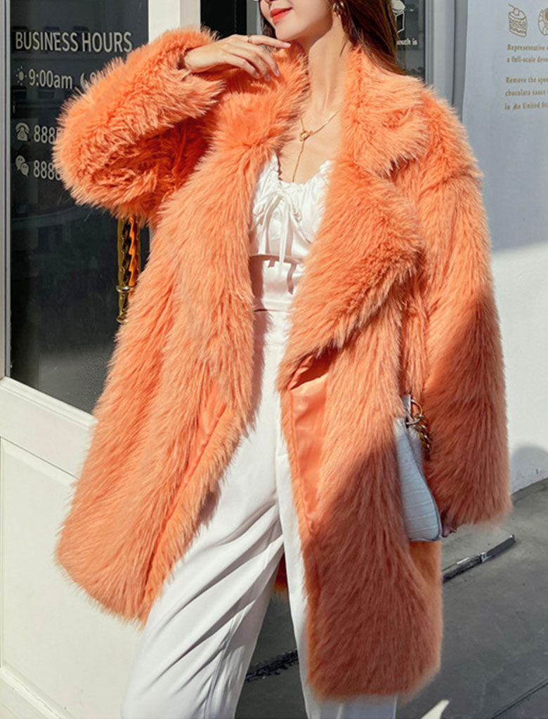 Orange Faux Fur Long Sleeve Lambswool Coat Winter Coat
