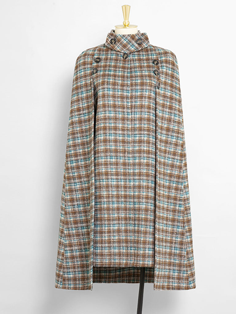 Sweet Brown Plaid Long Sleeve Dress Cape Coat