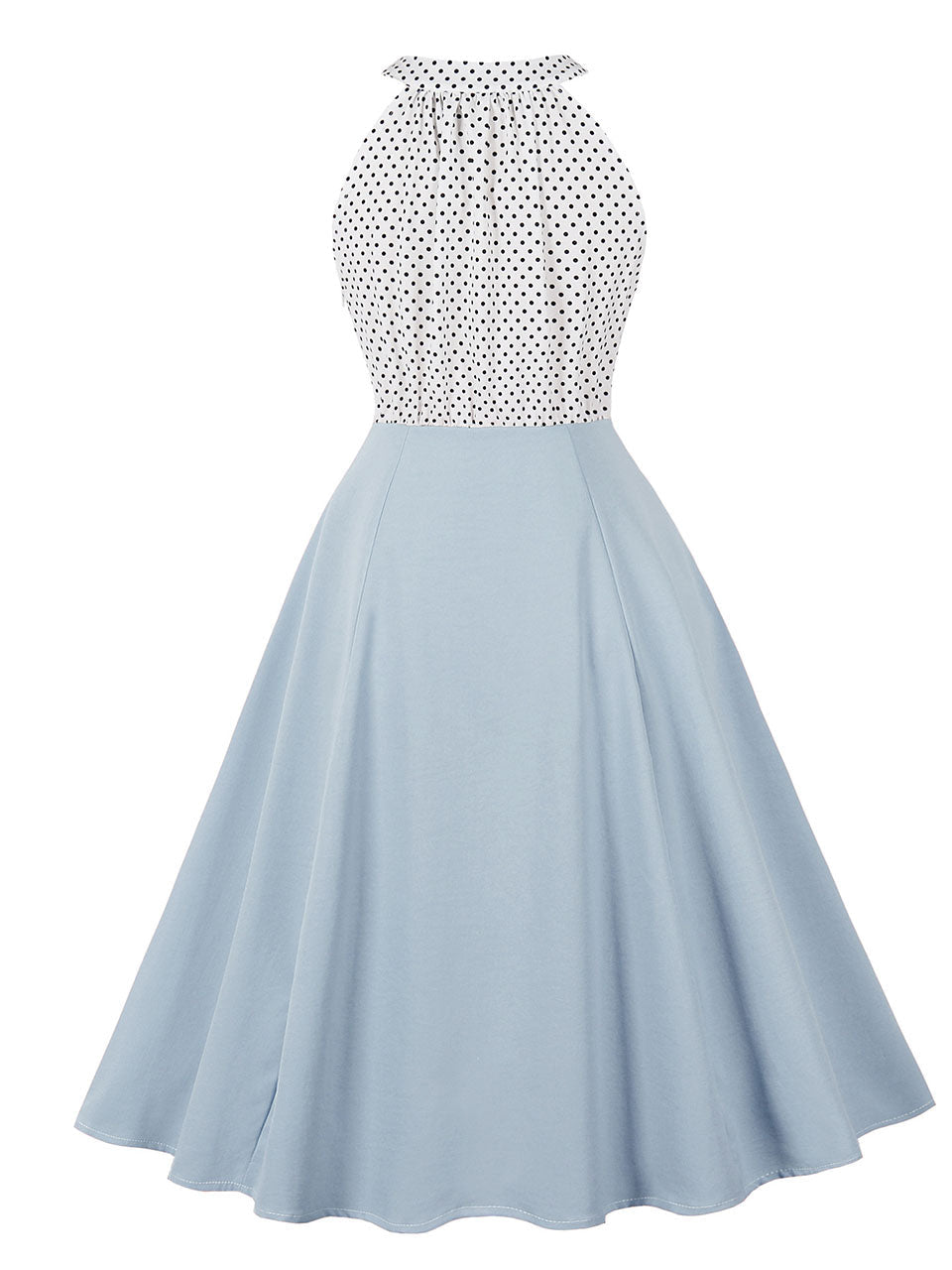 Blue Sweat Heart Halter Sleeveless Polka Dots 1950s Vintage Swing Dress