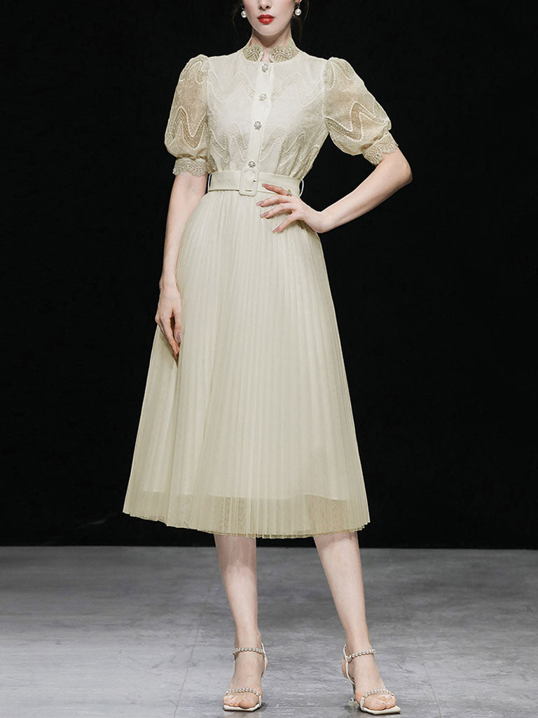 Apricot Stand Collar Puff Sleeve Mesh Pleated Dress