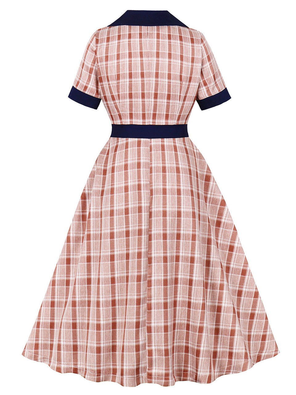 1950S Brown Sailor Collar Plaid Short Sleeve Vintage Dress