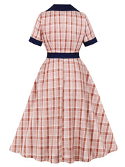 1950S Brown Sailor Collar Plaid Short Sleeve Vintage Dress