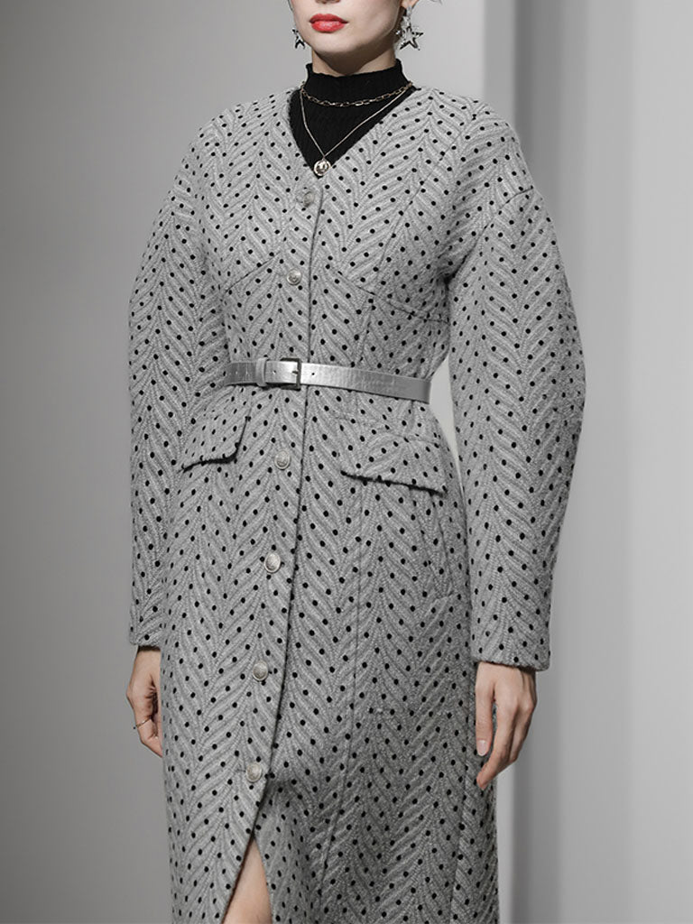 Light Grey V Neck Polka Dot Woolen Coat