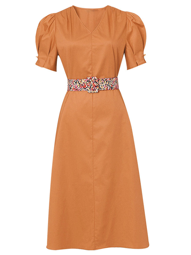 Orange V Neck Puff Sleeve Audrey Hepburn Style 50S Vintage Dress