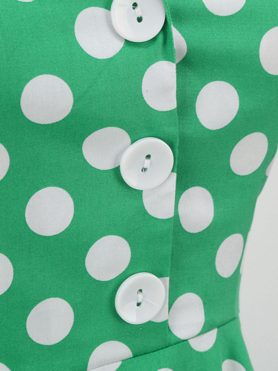 Green And White Polka Dots Pockets Vintage Halter 1950S Dress