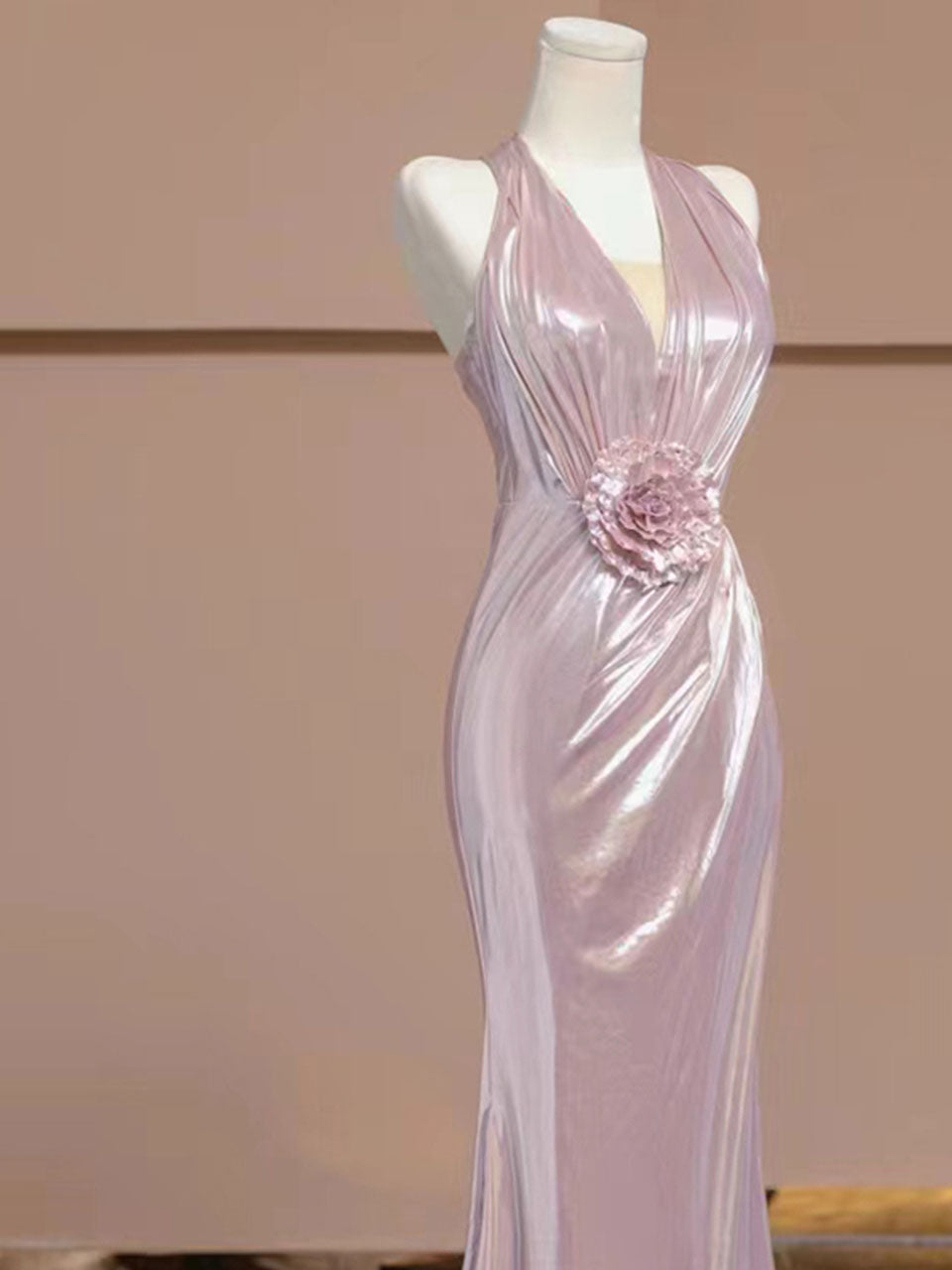 Pink Pleated V Neck Retro Fishtail Dress