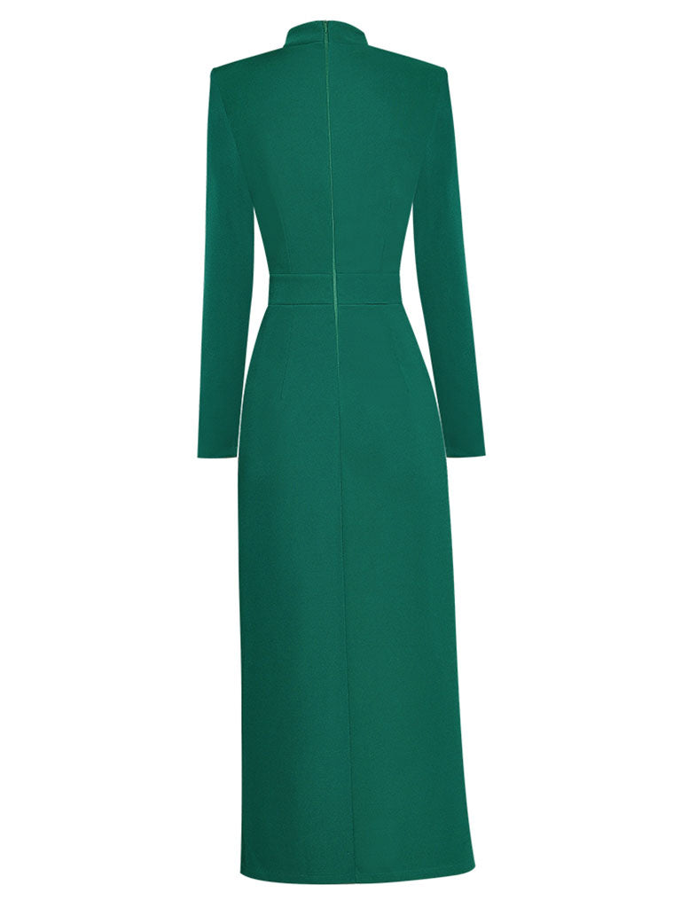 Green Bow Collar Long Sleeve 1940S Bodycon Vintage Dress