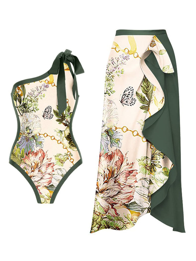 Green Retro Butterfly Print One Piece