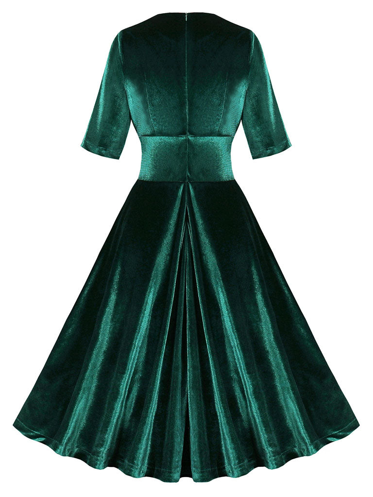 Dark Green V Neck Short Sleeve Velvet Vintage Swing Dress