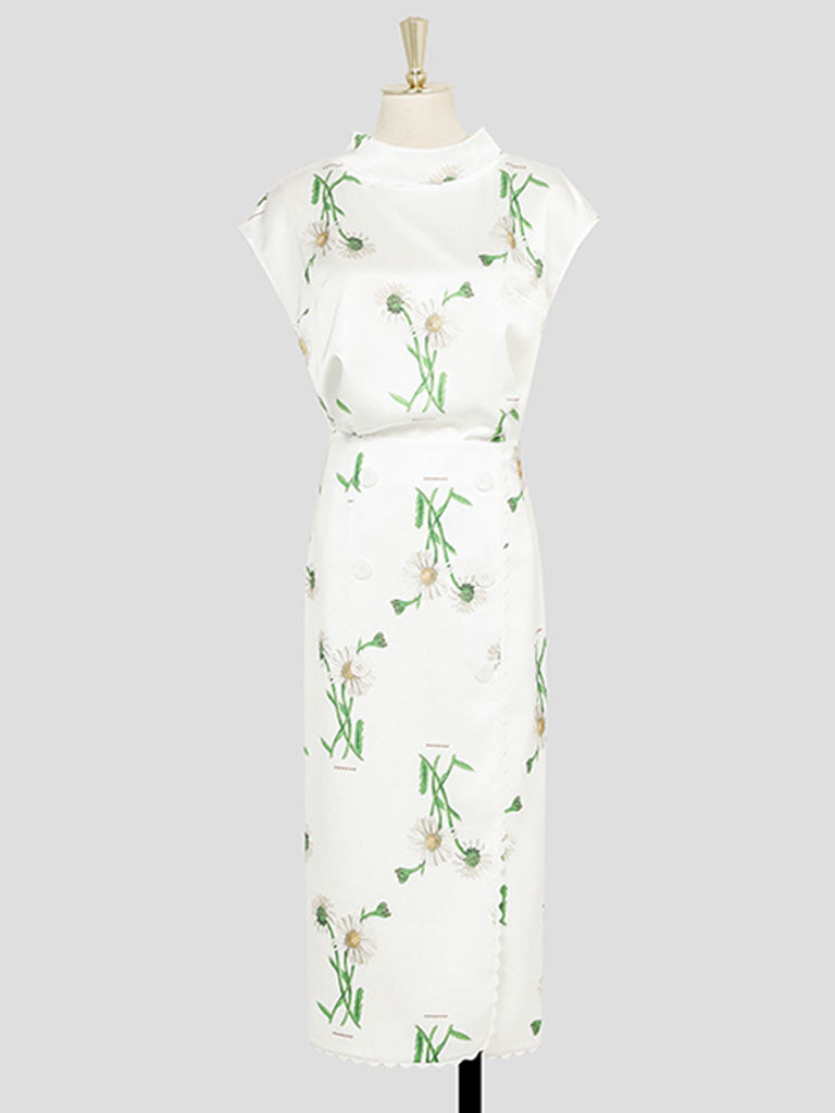 2PS White Retro Stand Collar Satin Printed Top
