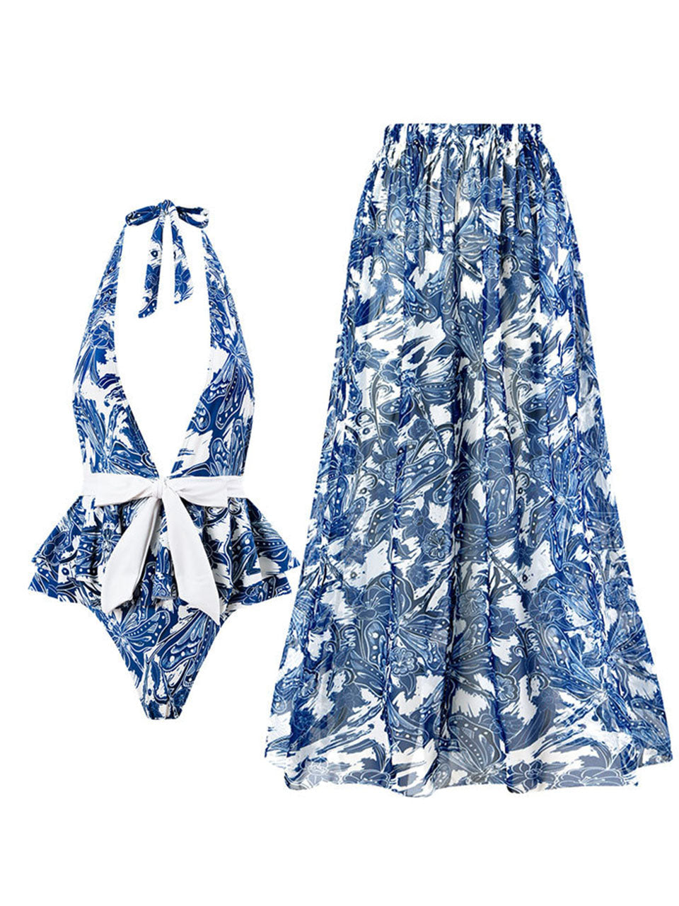 Blue Dragonfly Print V Neck One Piece