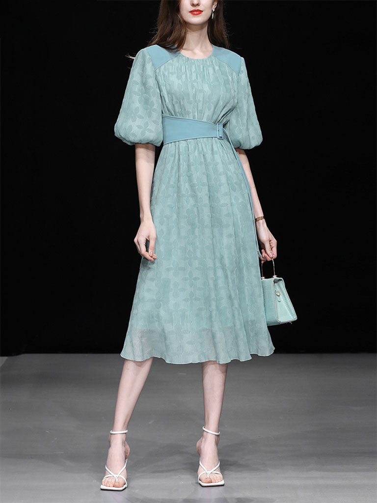 Green Crew Neck Toothpick Pleated Jacquard Fabric Puff Sleeve Vintage Dress