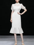 White Stand Collar Puff Sleeve Princess Mermaid Organza Dress