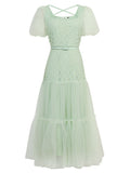 Green Vintage Style Square Neck Puff Sleeve Tulle Party Dress