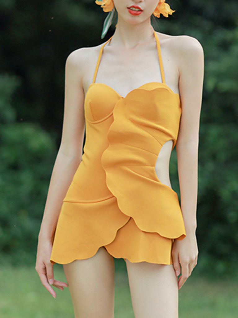 Yellow One Piece Ruffles Backless Bikini Swimwear