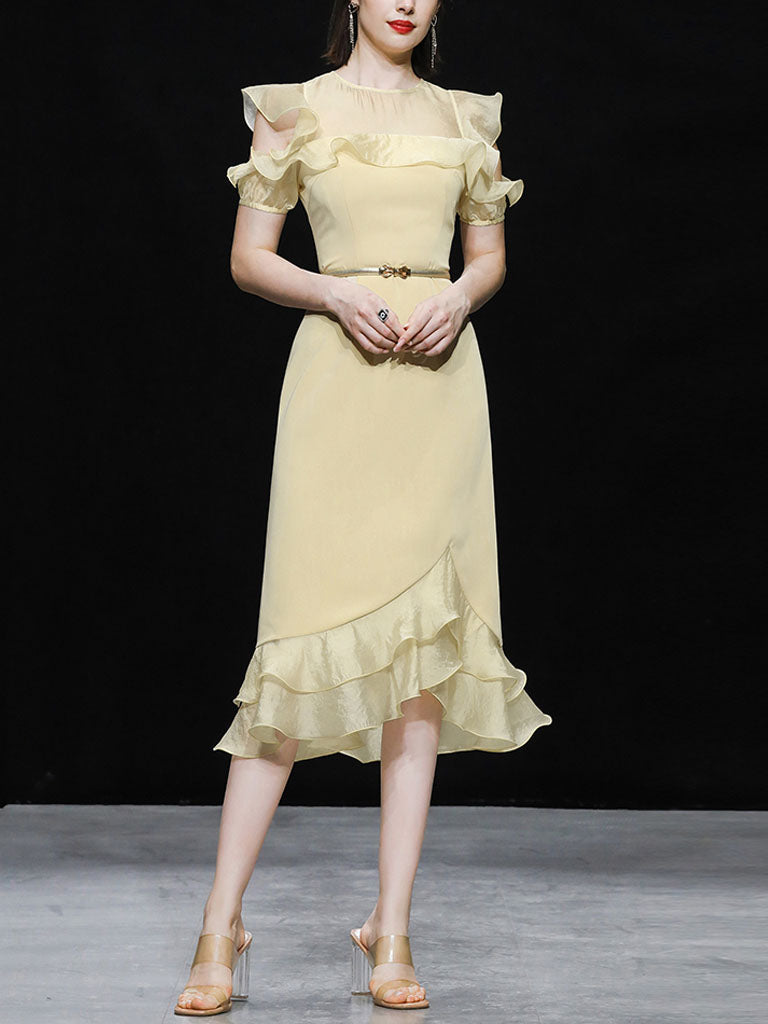 Yellow Organza Semi-Sheer  Ruffled Hem Vintage Dress