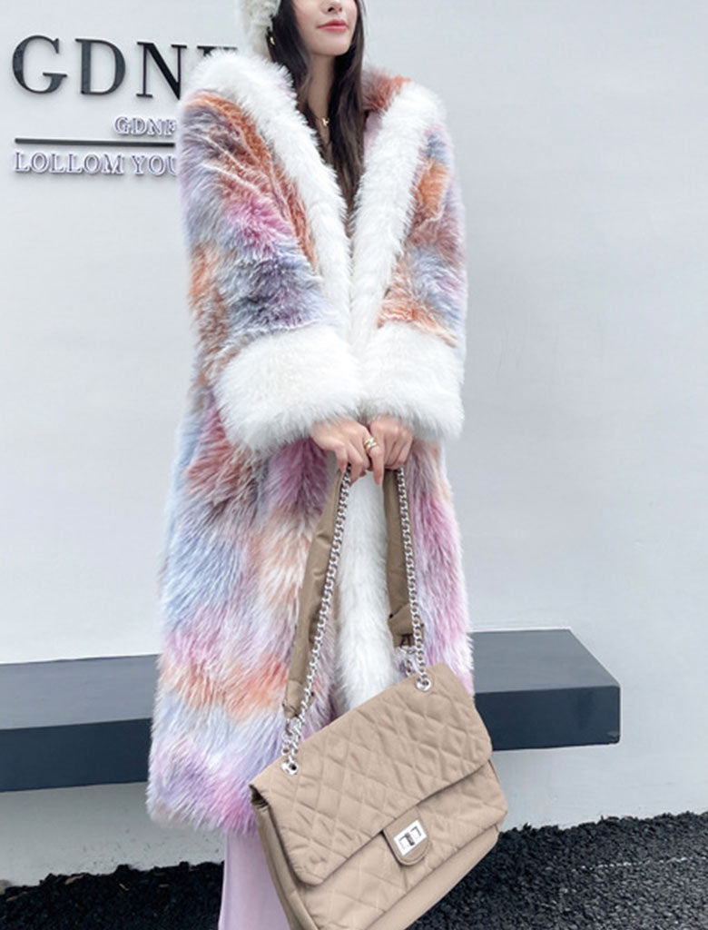 Faux Fur Coat V Neck Long Sleeve Hooded Maxi Winter Coat